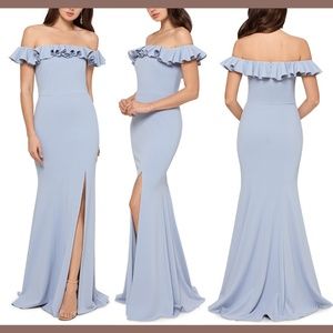 NWT $259 XSCAPE Ruffled Off the Shoulder Gown in Sky Blue [SZ‎ 8 ]